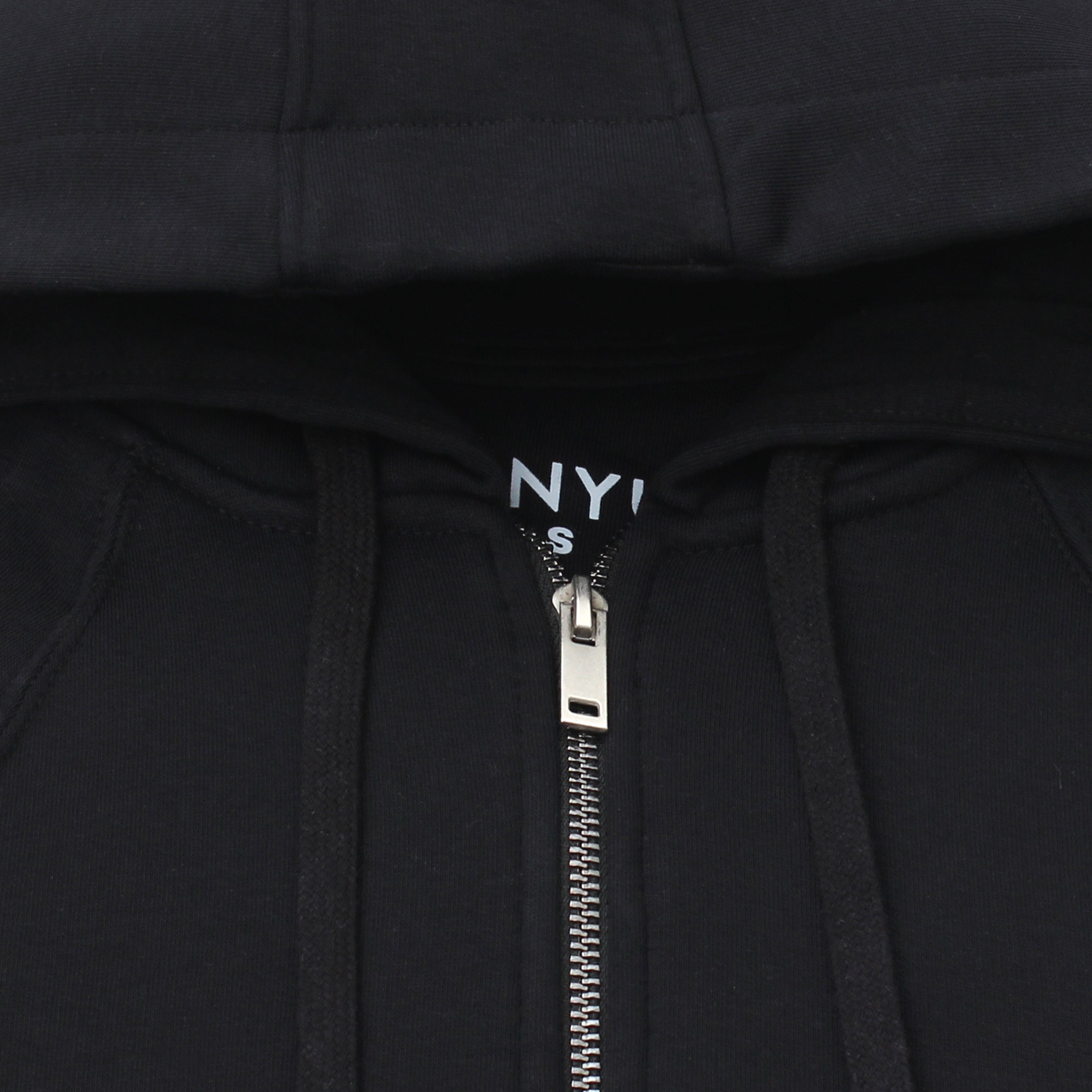 Close-up of a black hoodie with a zipper and 'NY' logo.